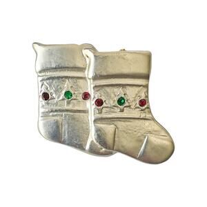 1990s Silver Tone Red & Green Rhinestones Christmas Holiday Stocking Pin Brooch